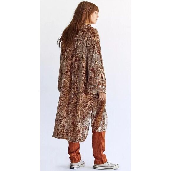 Free People Sweet Escape Boho Paisley Floral Printed Velvet Trench Duster Large - Picture 2 of 14